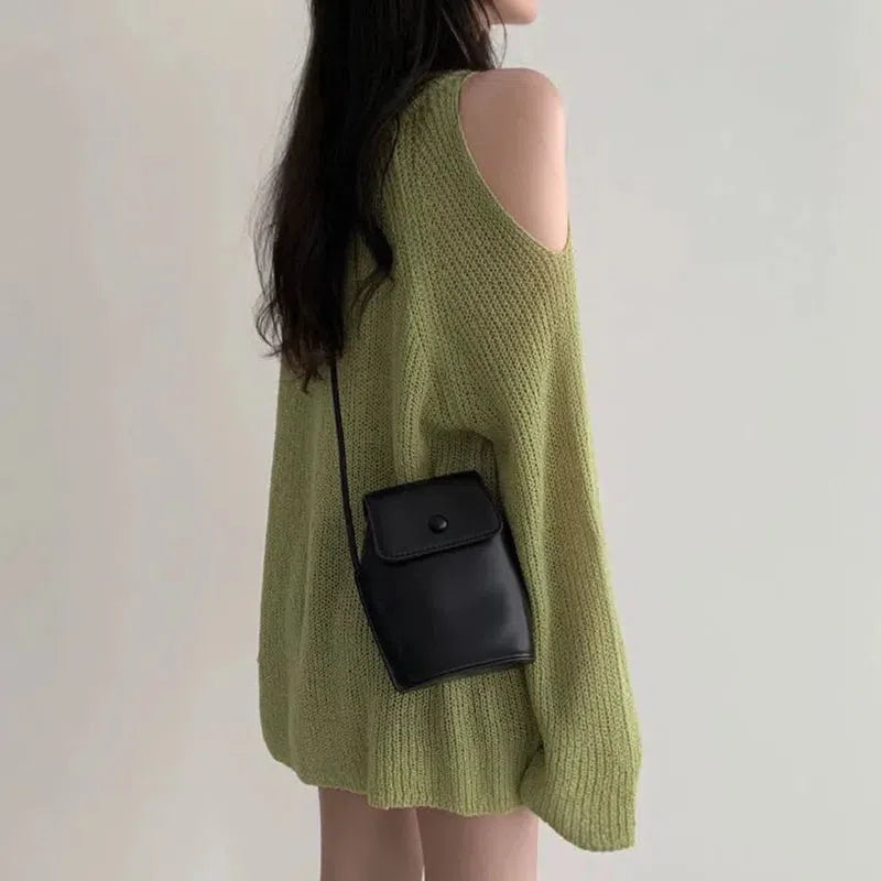 Trendy Cut-Out Shoulder Knit Sweater for Y2K Aesthetic and Grunge Style Outfits