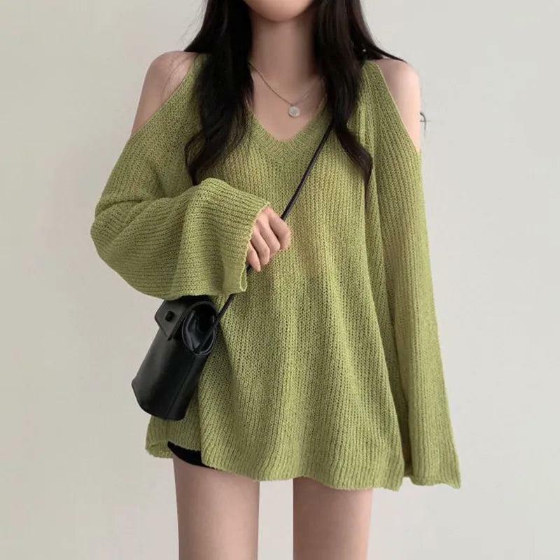 Trendy Cut-Out Shoulder Knit Sweater for Y2K Aesthetic and Grunge Style Outfits