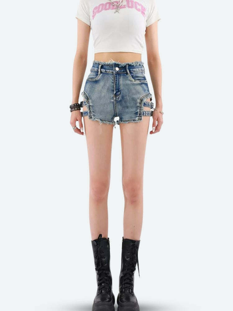 Trendy Distressed Cut-Out Denim Shorts for Y2K Summer Vibes and 90s Aesthetic Outfits