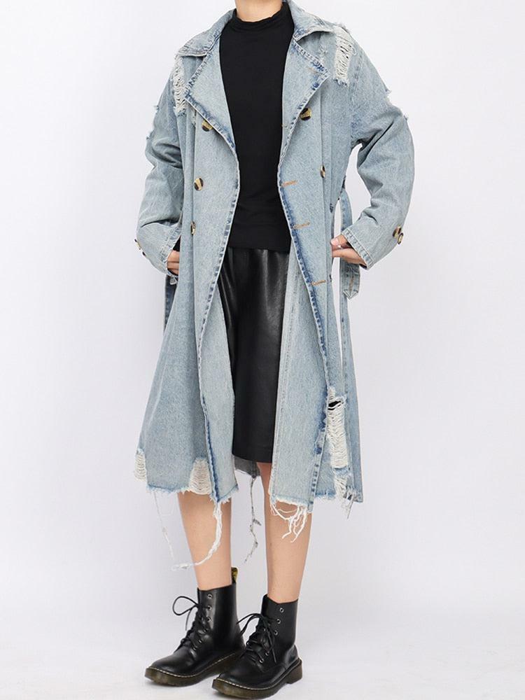 Trendy Distressed Denim Trench Coat for Y2K Fashion Lovers and Grunge Aesthetic Enthusiasts