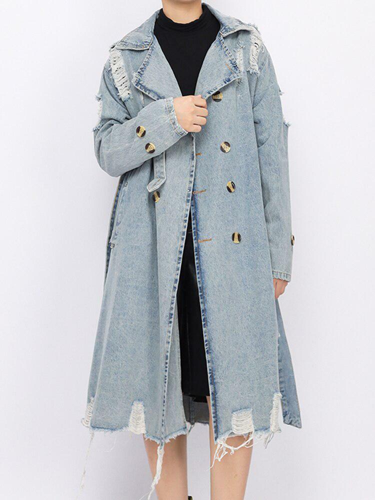 Trendy Distressed Denim Trench Coat for Y2K Fashion Lovers and Grunge Aesthetic Enthusiasts