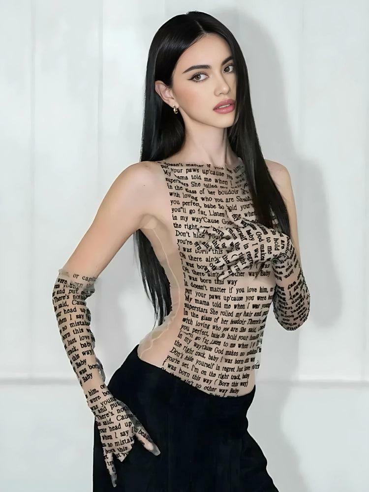 Trendy Letter Printed Top with Gloves for Y2K Aesthetic Summer Outfits