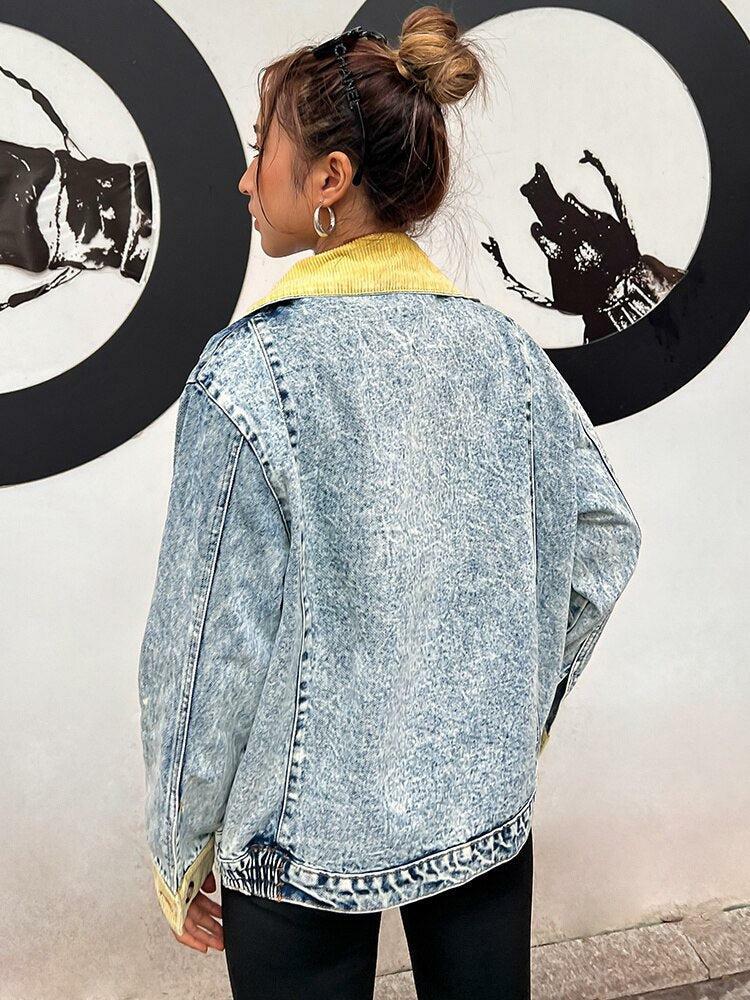 Trendy Mid Wash Patchwork Denim Jacket - Y2K Aesthetic for Effortless Summer Style