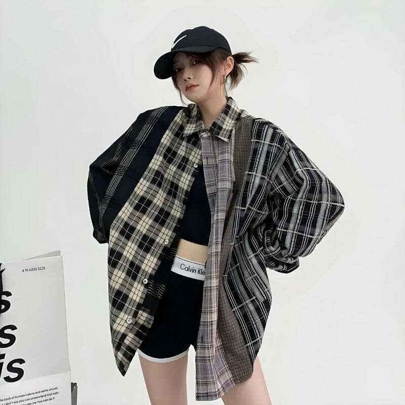 Trendy Multi-Pattern Plaid Shirt for Y2K Aesthetic and 90s Grunge Style Outfits