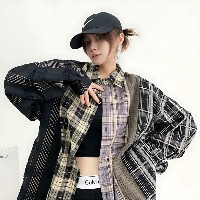 Trendy Multi-Pattern Plaid Shirt for Y2K Aesthetic and 90s Grunge Style Outfits