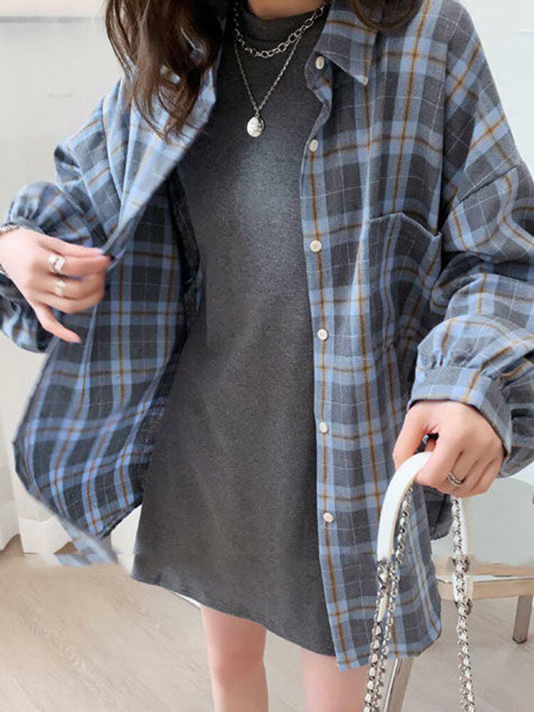 Trendy Puff Sleeve Plaid Shirt - Y2K Inspired Grunge Aesthetic for Effortless Style