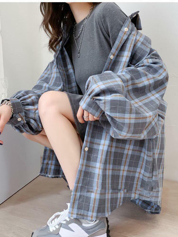 Trendy Puff Sleeve Plaid Shirt - Y2K Inspired Grunge Aesthetic for Effortless Style