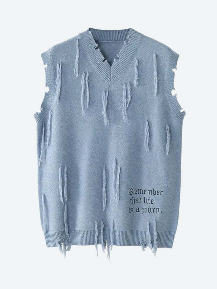 Trendy Ripped Tasseled Sweater Vest for Y2K Aesthetic and Grunge Style Outfits