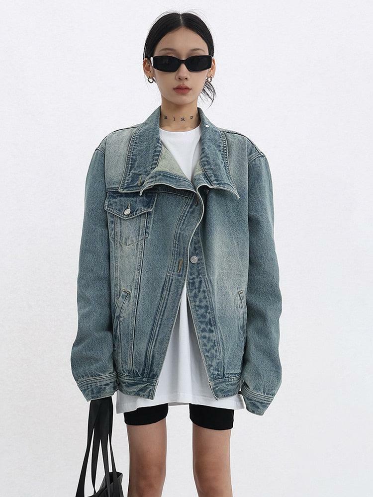 Trendy Y2K Asymmetrical Denim Jacket for Effortless Grunge and 2000s Fashion Vibes