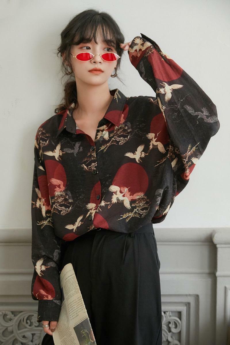 Trendy Y2K Bird Print Long Sleeve Shirt for Effortless Summer Aesthetic Outfits