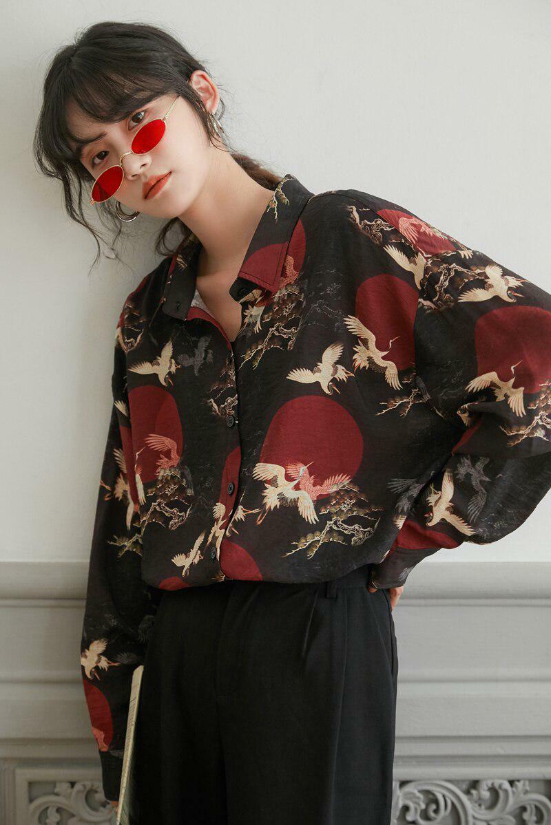 Trendy Y2K Bird Print Long Sleeve Shirt for Effortless Summer Aesthetic Outfits