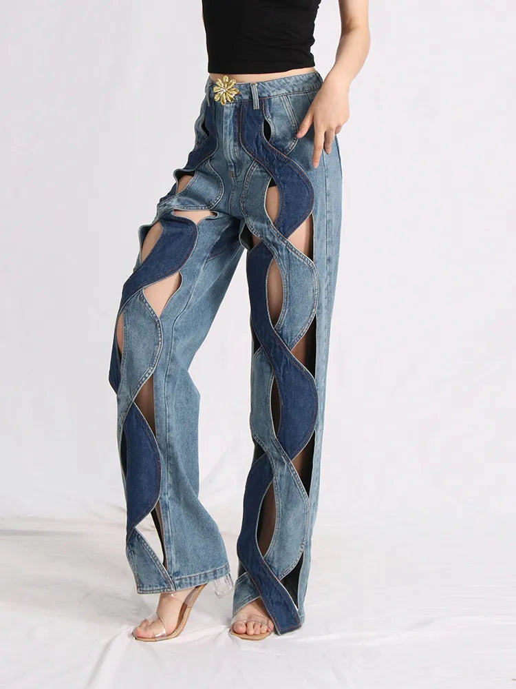 Trendy Y2K Cut-Out Denim Jeans: Stylish Ripped Wide Leg & Baggy Designs for Effortless Chic