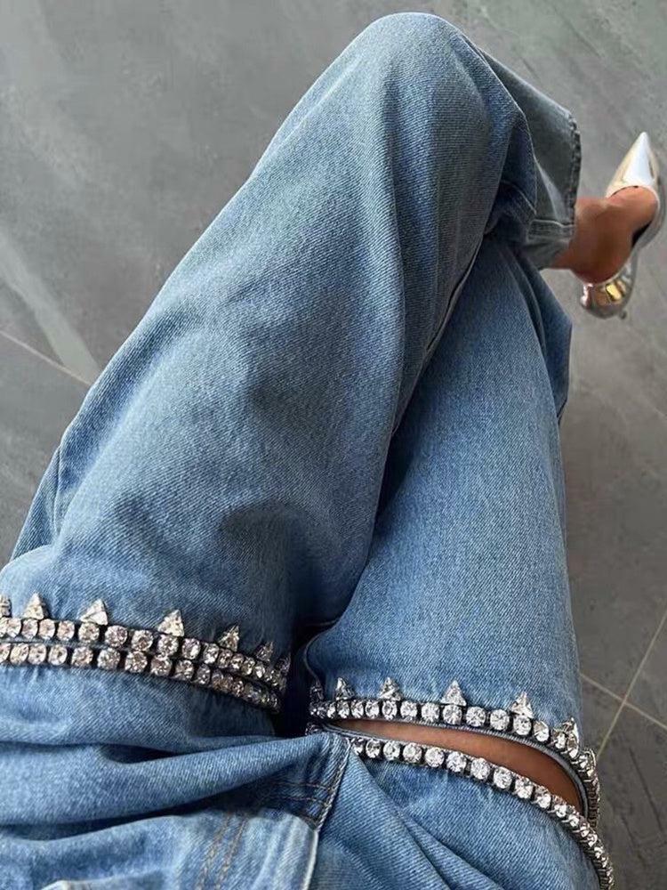 Trendy Y2K Cut-Out Jeans with Embellishments for a Chic Grunge Aesthetic Look