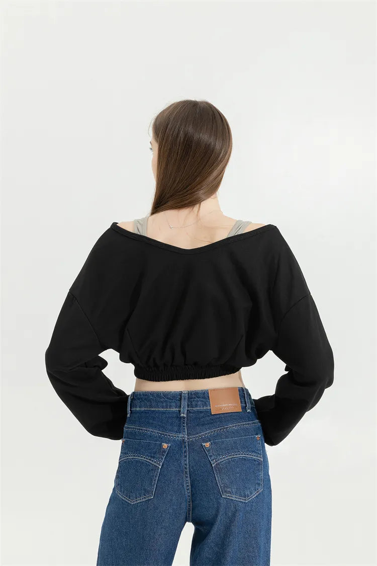 Trendy Y2K-Inspired Strap Detailed Wide Neck Crop Sweatshirt for Effortless Summer Style