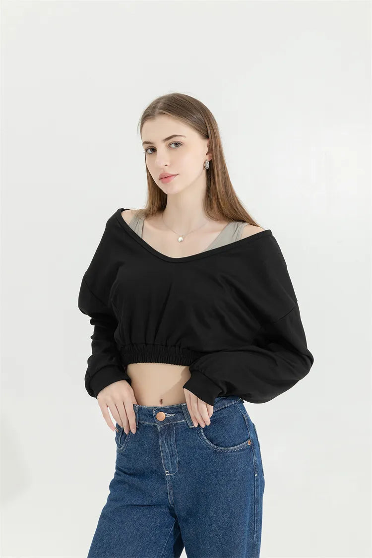 Trendy Y2K-Inspired Strap Detailed Wide Neck Crop Sweatshirt for Effortless Summer Style