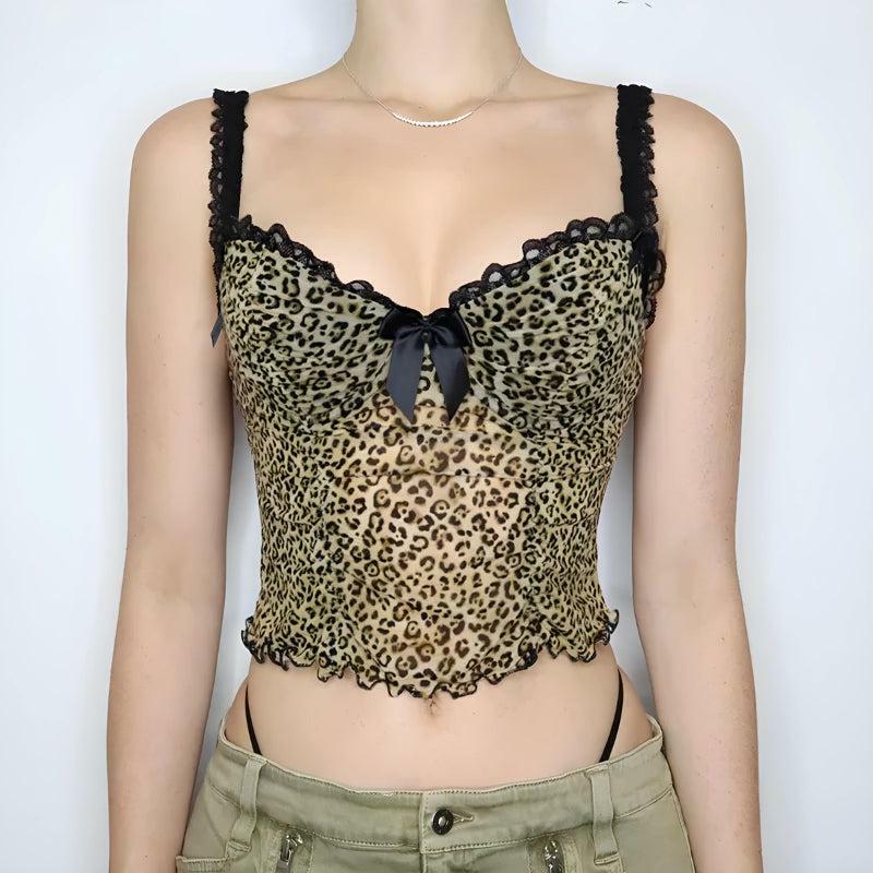 Trendy Y2K Leopard Mesh Top for Effortless Grunge and Summer Aesthetic Outfits