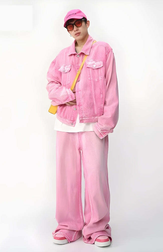 Trendy Y2K Pink Denim Jacket & Baggy Pants Set for Effortless Summer Style