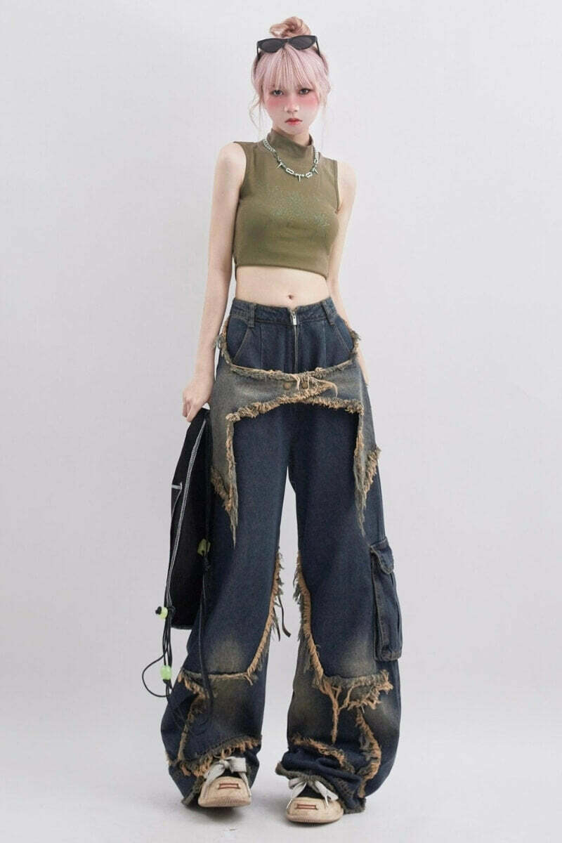 Trendy Y2K Star Jeans: Baggy Wide Leg Style for Effortless Summer Aesthetic