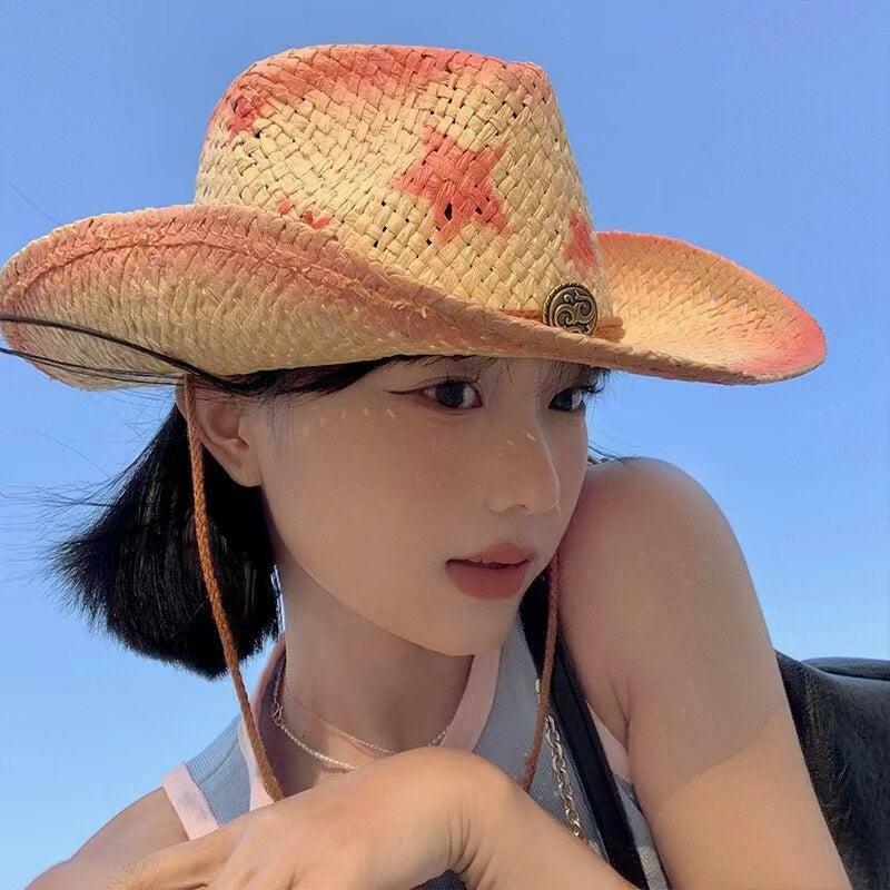 Trendy Y2K Woven Straw Cowgirl Hat for Summer Outfits and Aesthetic Looks