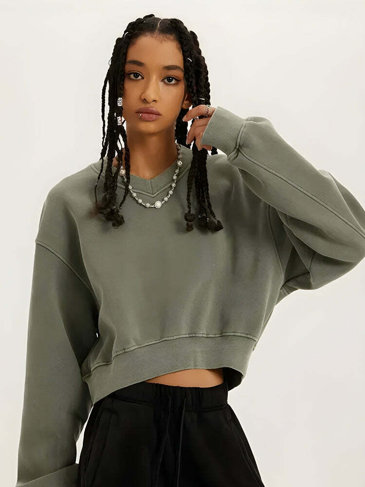 V-Neck Drop Shoulder Cropped Sweatshirt - Y2K Aesthetic Cozy Layer for Effortless Style