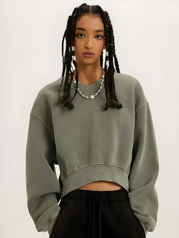 V-Neck Drop Shoulder Cropped Sweatshirt - Y2K Aesthetic Cozy Layer for Effortless Style