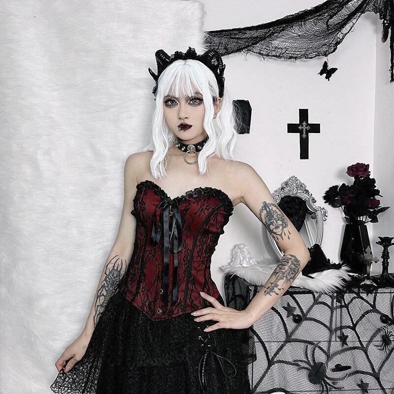 Victorian Goth Ribbon Corset Top with Intricate Detailing for Y2K and Grunge Aesthetic