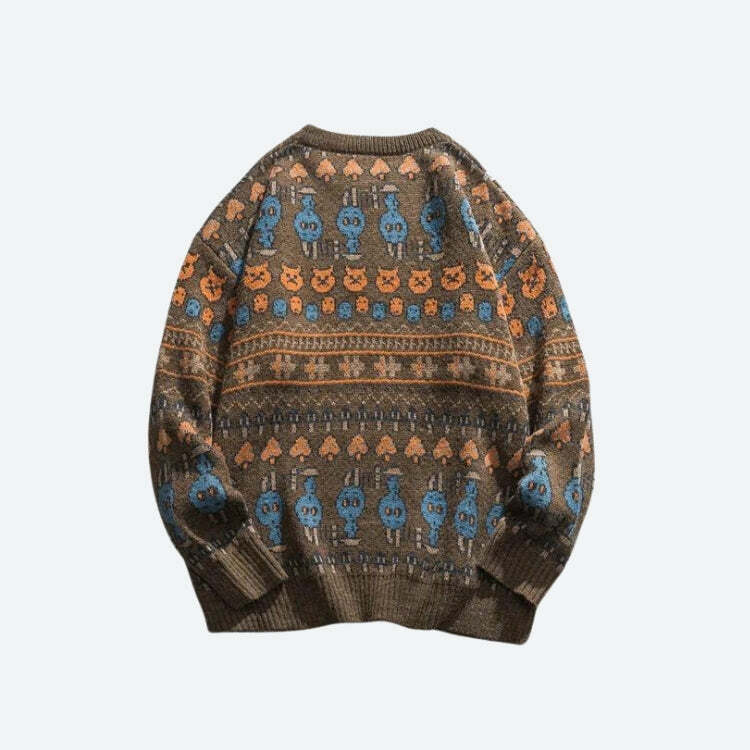 Vintage Animal Figures Y2K Knitted Sweater - Cozy Grunge Aesthetic for Effortless Style