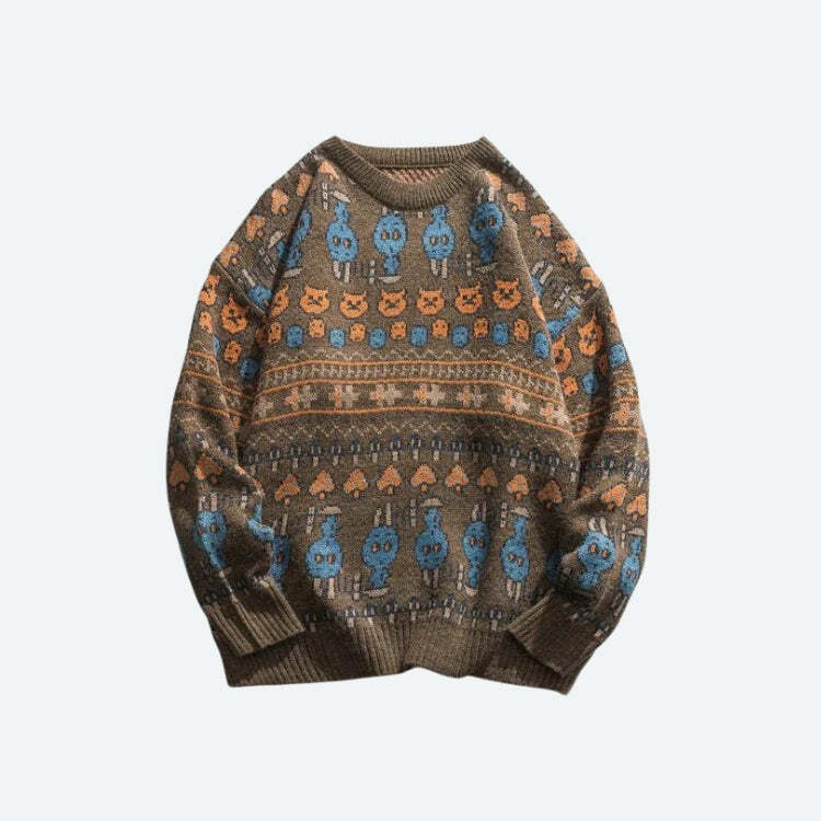 Vintage Animal Figures Y2K Knitted Sweater - Cozy Grunge Aesthetic for Effortless Style