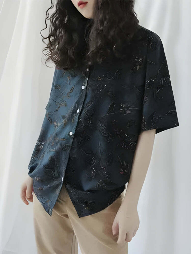 Vintage Leaf Print Y2K Aesthetic Shirt - Trendy 90s Inspired Fashion Top for Summer Outfits