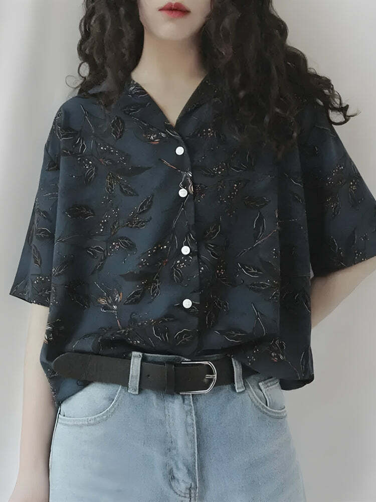 Vintage Leaf Print Y2K Aesthetic Shirt - Trendy 90s Inspired Fashion Top for Summer Outfits