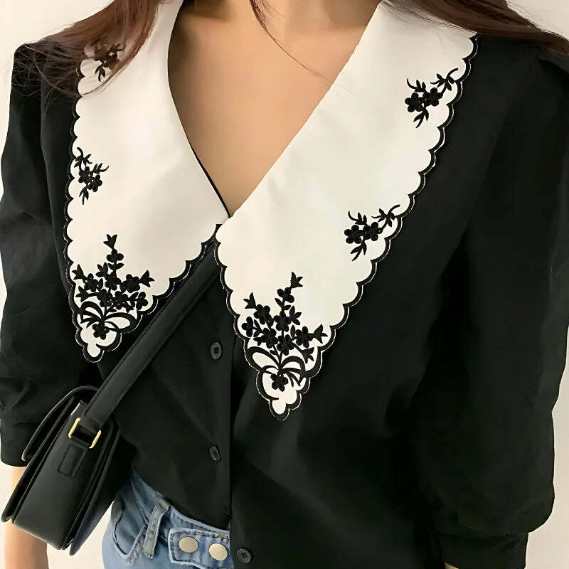 Vintage Y2K Embroidered Collar Shirt - Retro 90s Aesthetic Top for Effortless Style