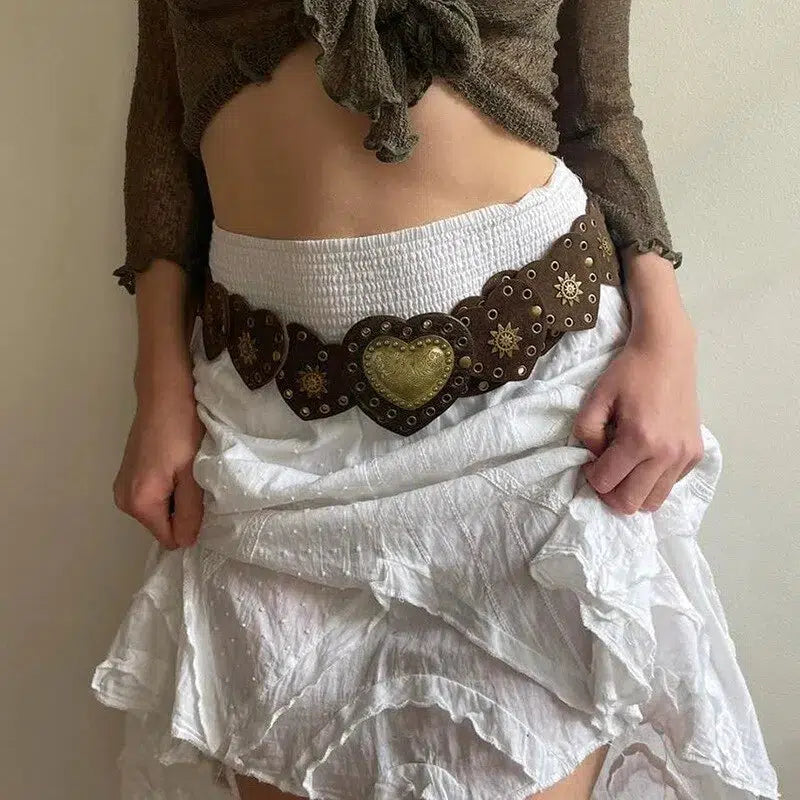 Vintage Y2K Ethnic Heart Suede Waist Belt for Boho Summer Outfits and Aesthetic Looks