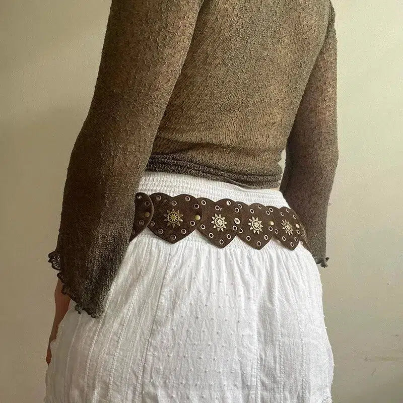 Vintage Y2K Ethnic Heart Suede Waist Belt for Boho Summer Outfits and Aesthetic Looks