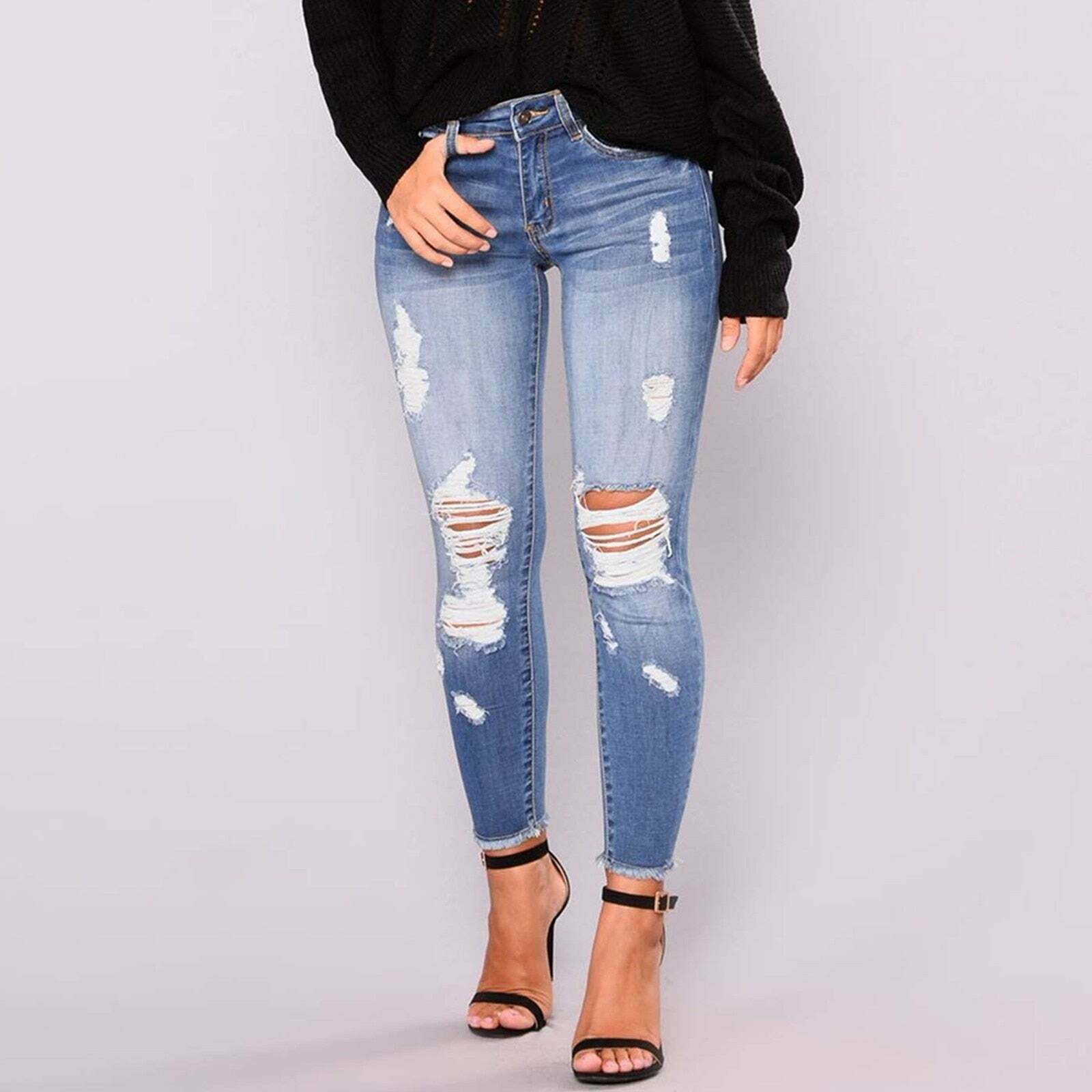 Women's Y2K Distressed Ripped Jeans - Butt Lifting Stretchy Denim Pants with Pockets