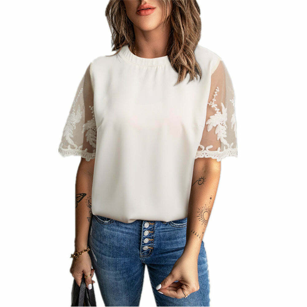 Women’s Y2K Lace Patchwork Hollow Out Blouse - Cute Grunge Aesthetic Top