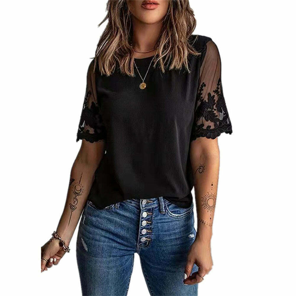 Women’s Y2K Lace Patchwork Hollow Out Blouse - Cute Grunge Aesthetic Top