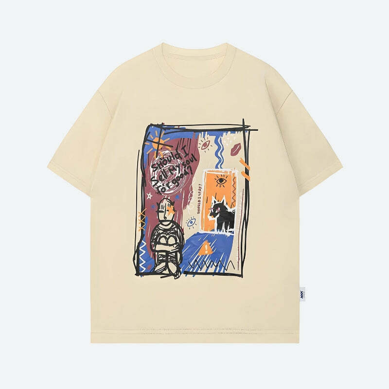 Y2K Aesthetic Abstract Sketch Graphic Tee - Trendy 90s Inspired Casual Wear