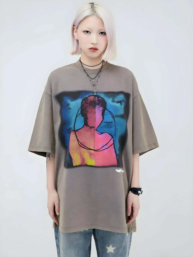 Y2K Aesthetic Abstract Tee - Trendy Graphic Top for Summer Outfits & Casual Looks