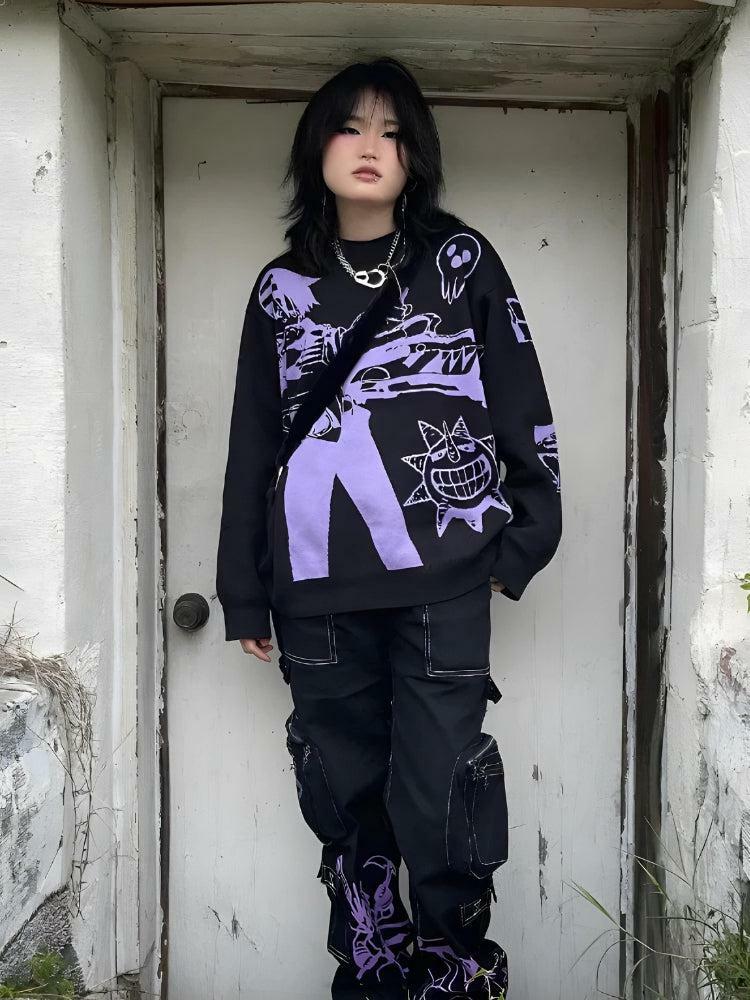 Y2K Aesthetic Anime Knitted Sweater for Trendy 2000s Fashion Lovers