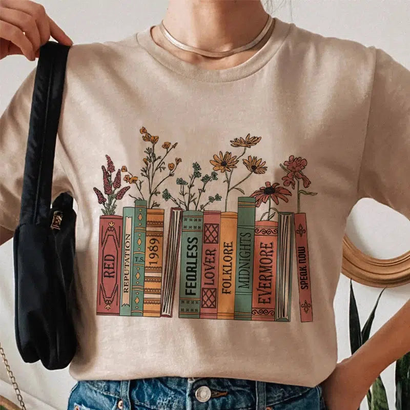 Y2K Aesthetic Books & Flowers Graphic Tee - Trendy Summer Outfit Essential