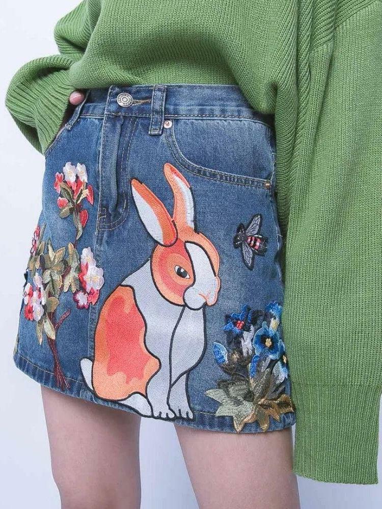 Y2K Aesthetic Cute Rabbit Denim Mini Skirt for Trendy Summer Outfits and Casual Looks