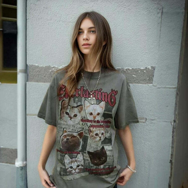 Y2K Aesthetic Everlasting Cats Tee - Vintage-Inspired Grunge Style for Trendy Outfits