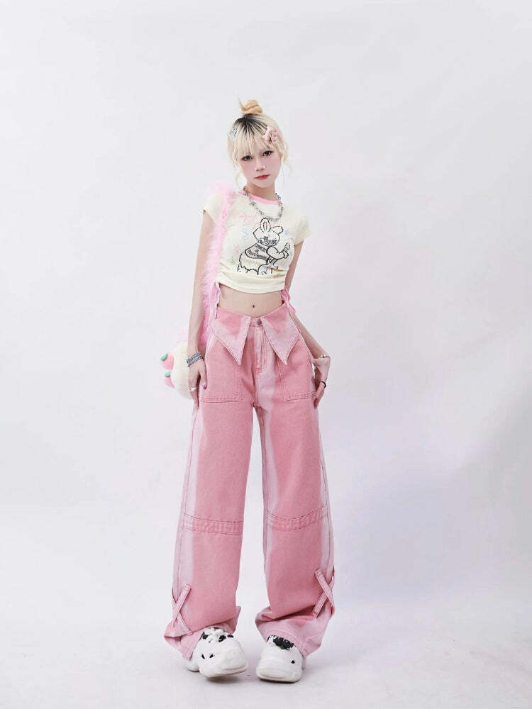 Y2K Aesthetic Folded Waist Baggy Jeans for Effortless Summer Style and Trendy Outfits