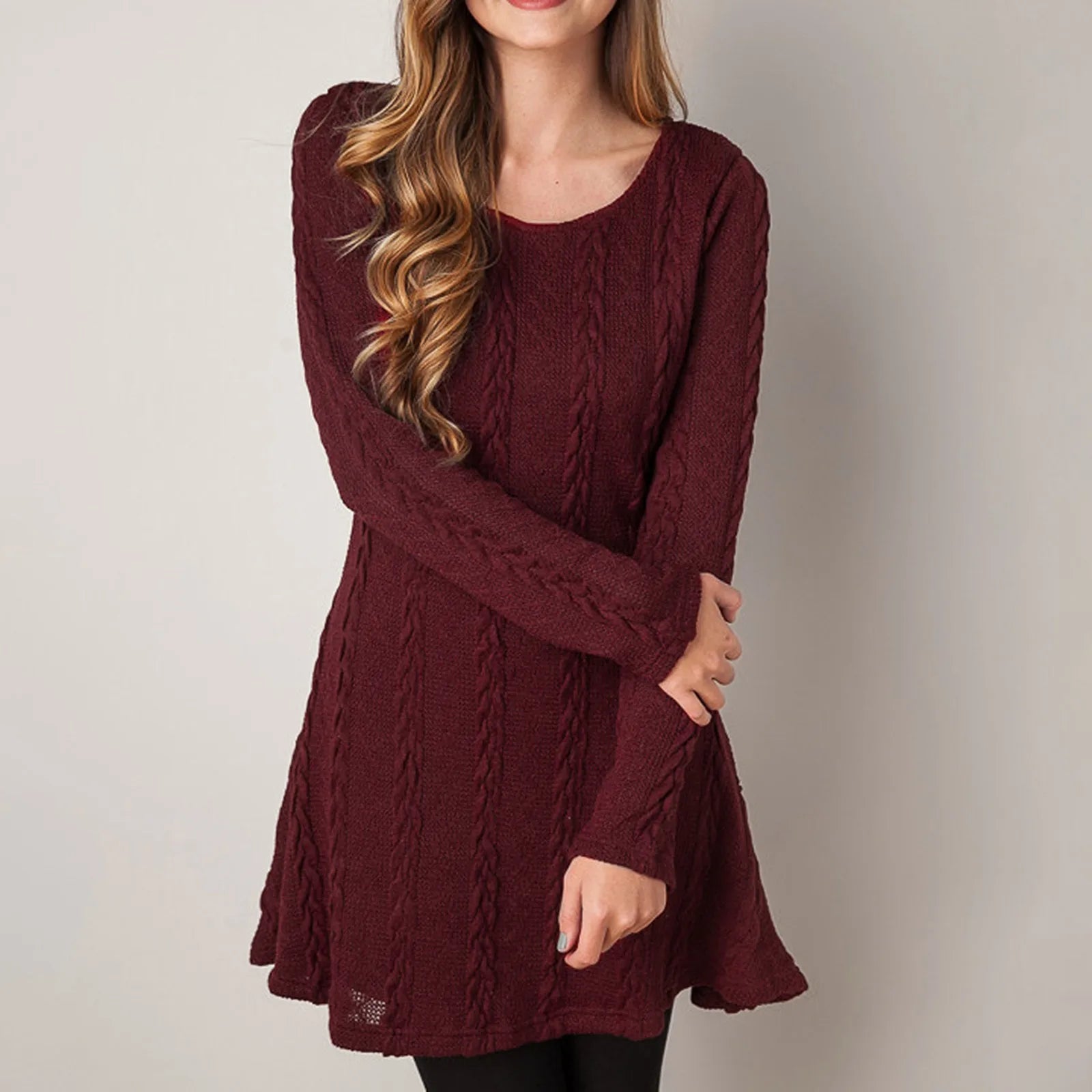 Y2K Aesthetic Knit Sweater Dress - Comfy Loose Fit, Solid Color, Long Sleeve Style