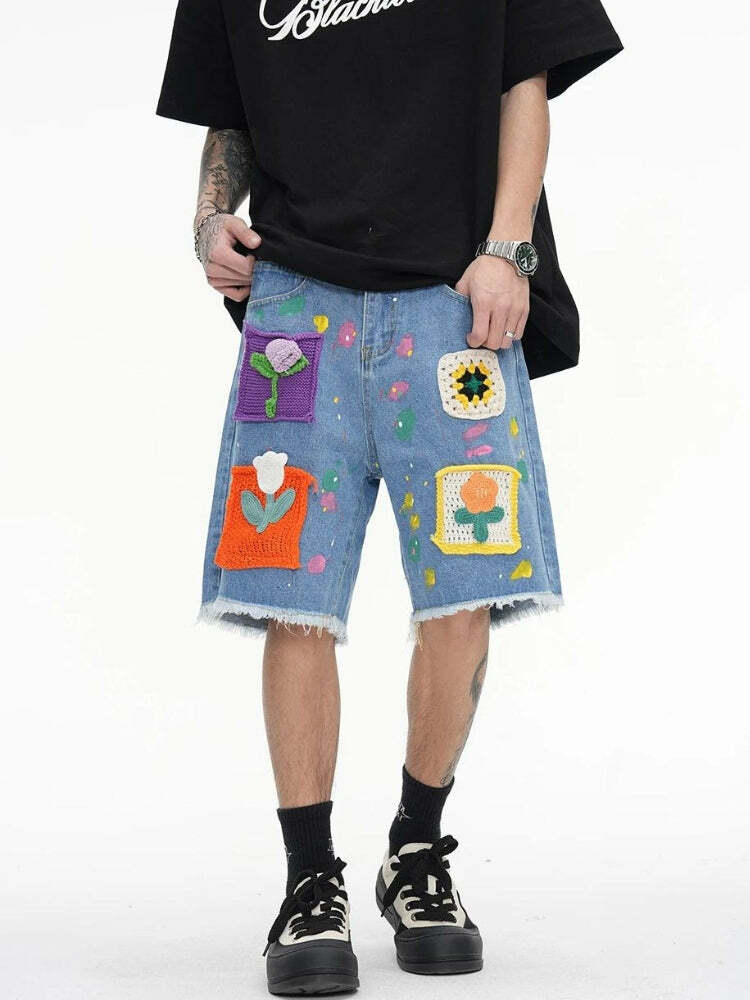 Y2K Aesthetic Knitted Flower Patch Denim Shorts for Trendy Summer Outfits