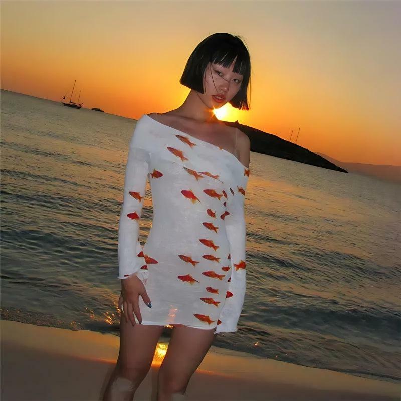 Y2K Aesthetic Koi Fish Printed Mesh Mini Dress for Trendy Summer Outfits