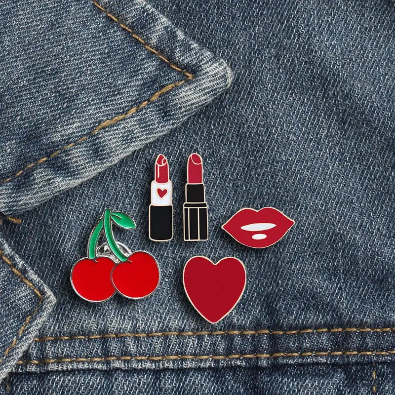 Y2K Aesthetic Lipstick Heart Cherry Enamel Pins for Trendy Summer Outfits