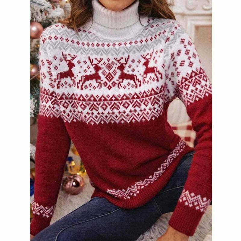 Y2K Aesthetic Matching Christmas Sweaters, Cozy Turtleneck Knit Pullover for Couples