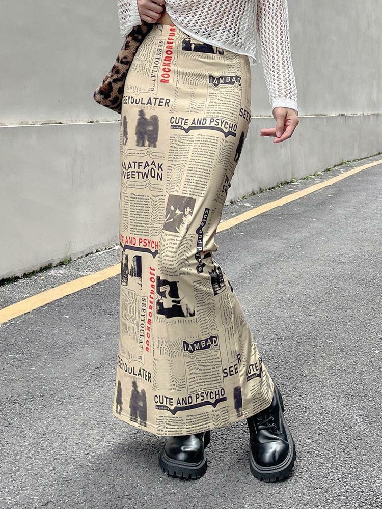 Y2K Aesthetic Newspaper Print Maxi Skirt - Trendy Summer Fashion for Effortless Style