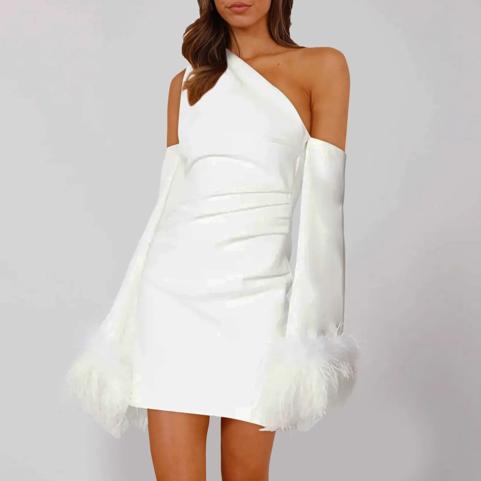 Y2K Aesthetic One Shoulder Mini Dress with Feathers, Backless Bodycon for Spring Fashion